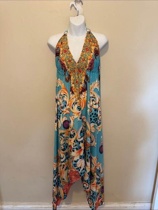 Celina Dresses & Skirts - Teal Halter Maxi Dress with Ornate Gold Accents